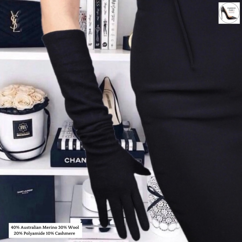 Long Cashmere Merino Wool Gloves Classical Black Opera Driving Winter Warm Glove
